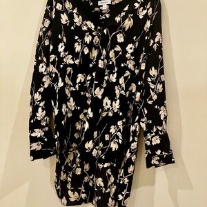 Nordstrom Women’ Small Black and White Botanical Long Sleeve Crepe Shift Tunic